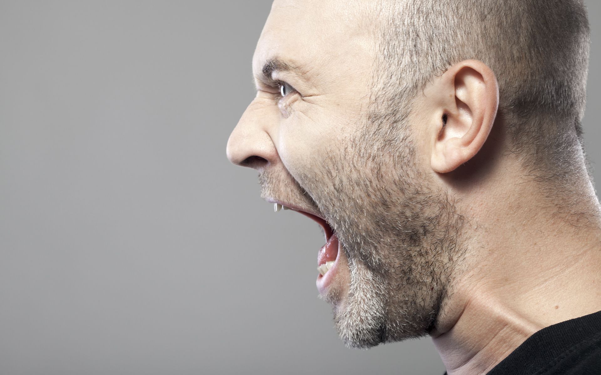 angry man screaming isolated on gray background with copyspace